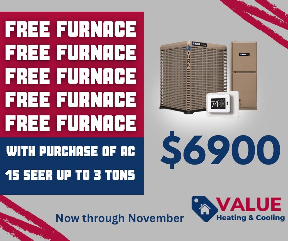 York air conditioner and furnace heating system with a digital thermostat, promoting a free furnace with AC purchase for $6900 from Value Heating & Cooling.