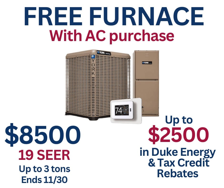 York air conditioner and furnace system with a digital thermostat, highlighting a free furnace offer with AC purchase and up to $2500 in rebates.