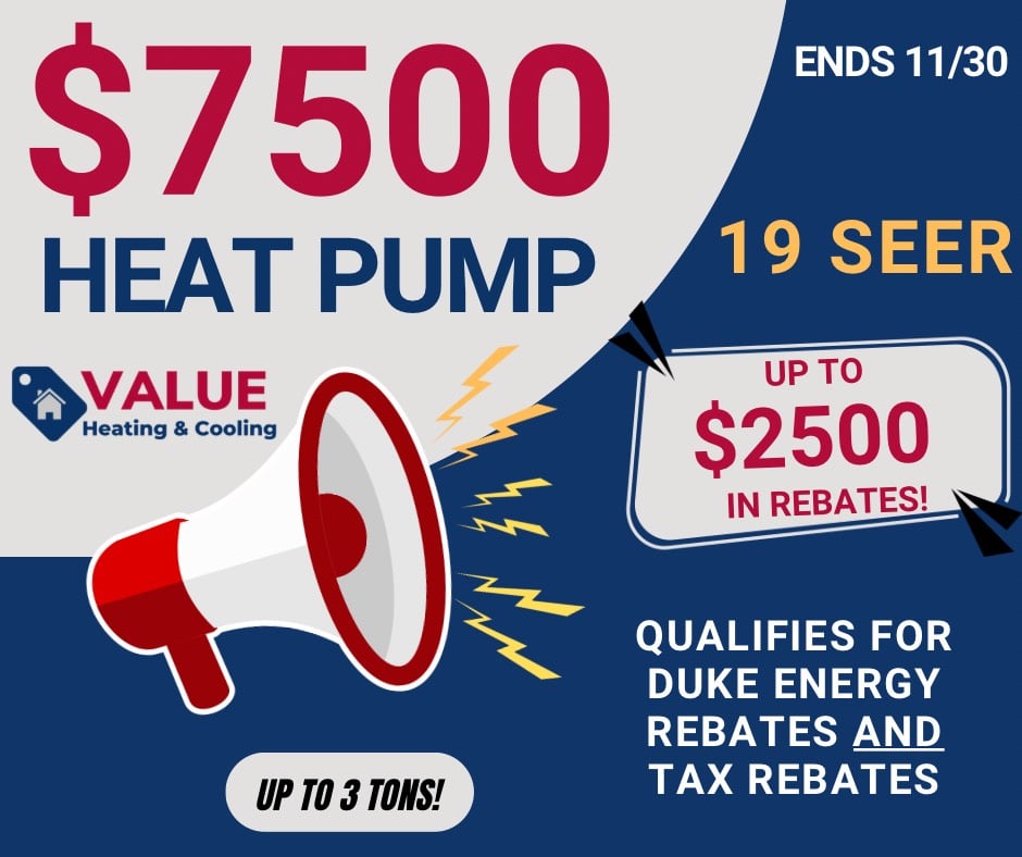 Megaphone icon with lightning bolts, announcing a $7500 heat pump offer, 19 SEER, and up to $2500 in Duke Energy and tax rebates from Value Heating & Cooling.