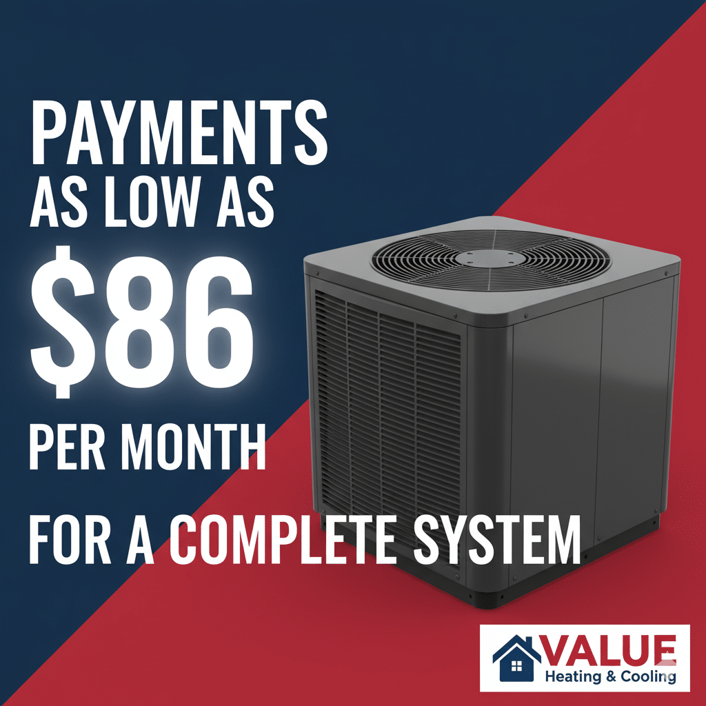 Modern outdoor AC unit for a complete HVAC system with an offer for payments as low as $86 per month from Value Heating & Cooling